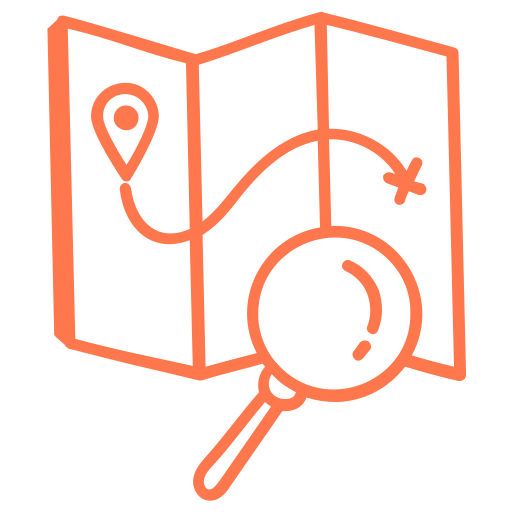Magnifying glass and map icon representing easy discovery