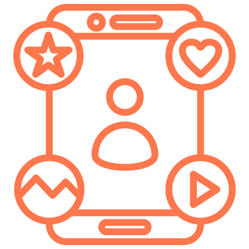 Mobile device with heart, comment, video icons representing multi-platform content